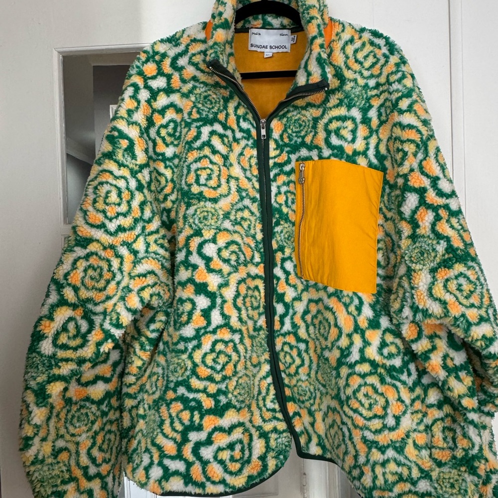 SUNDAE SCHOOL Broccoli Fleece Size XL Green, Yellow & Cream Floral Sherpa Jacket
